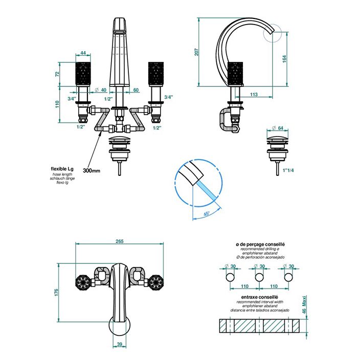 THG NIHAL PORCELAINE VERTE Смеситель для раковины на 3 отверстия, с донным клапаном, цвет хром