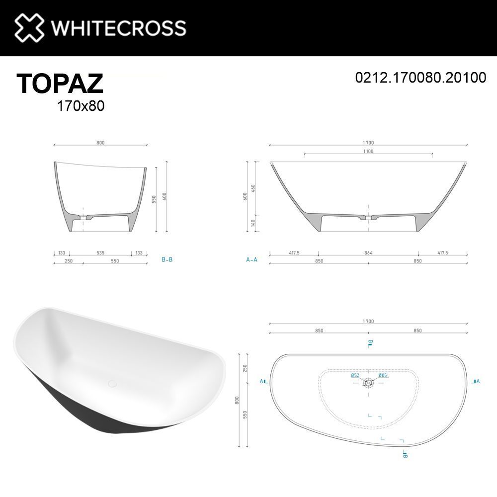 Ванна WHITECROSS Topaz 170x80 (черный/белый мат) иск. камень