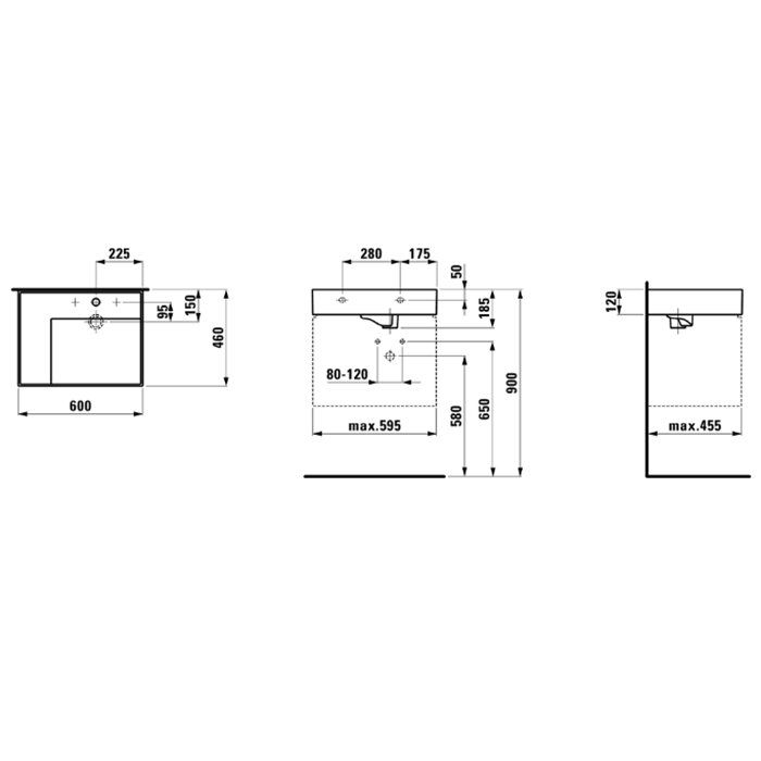 Laufen Kartell Раковина 600х460х120мм без перелива, без отв. под смеситель, со скр сливом, полка слева, цвет: белый