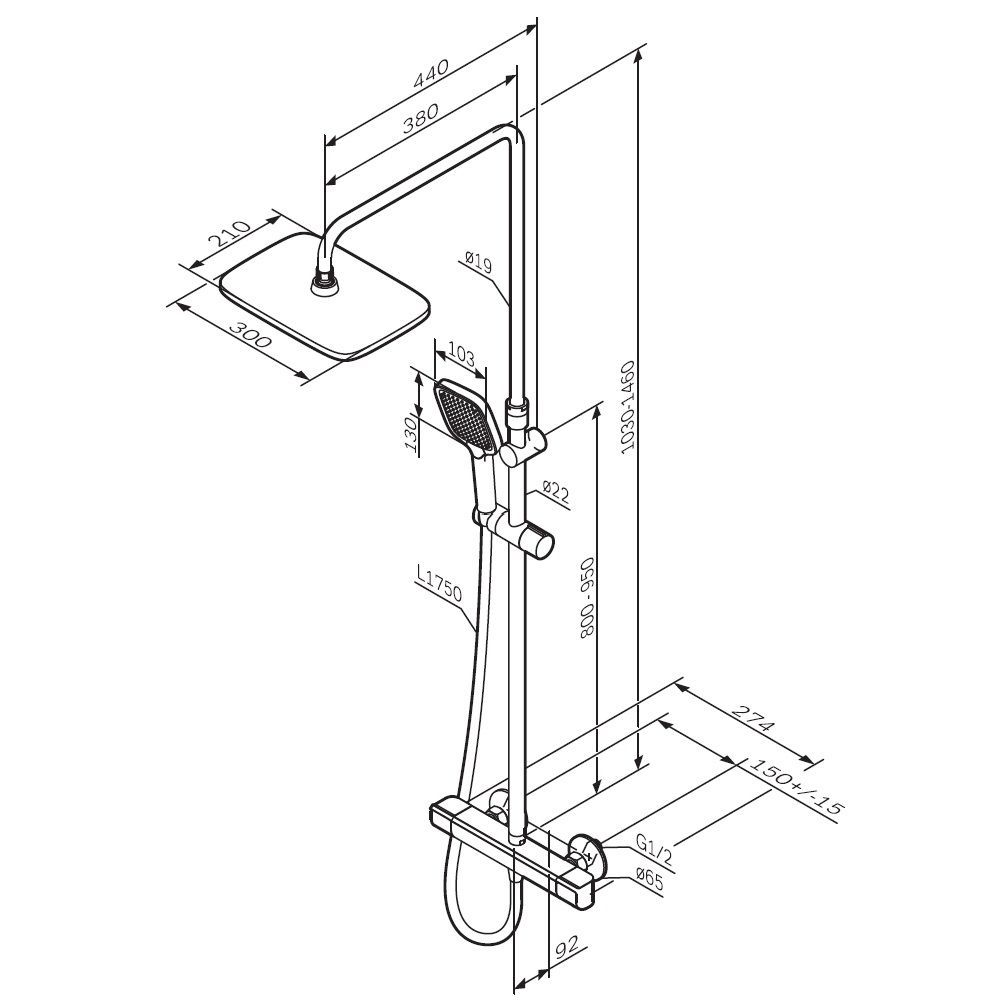 F078F400 Func, душ. система: см-ль д/душа с ТМС, душ.штанга, верхн. душ квадр., ручн.душ, хром