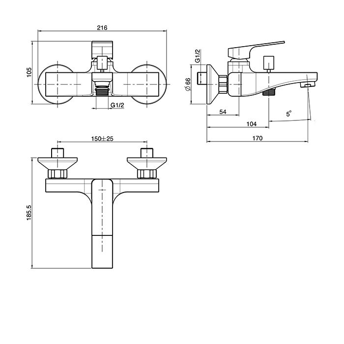 FIMA|Carlo Frattini Fit Смеситель для ванной, настенный, без душ. комплекта, излив 170мм, цвет: черный матовый