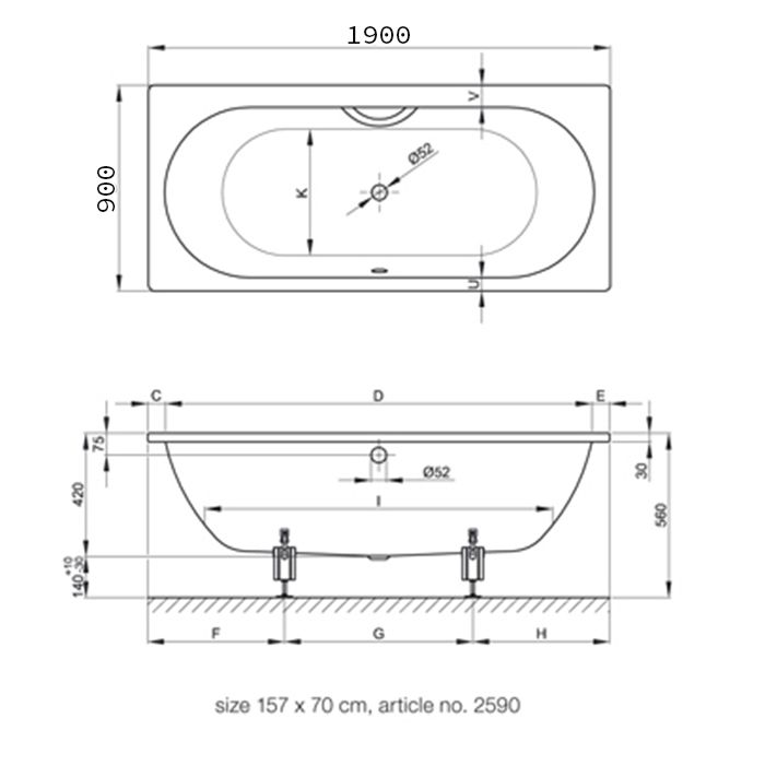 BETTE Starlet Ванна с шумоизоляцией 190х90х42, с самоочищающимся покрытием Glaze Plus и покрытием анти-слип, белая (для удлиненного слива-перелива)