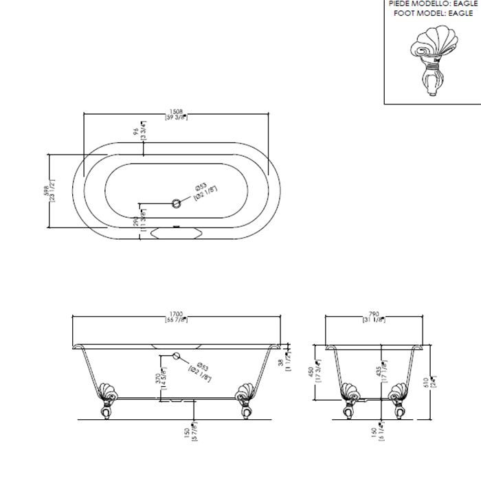 Devon Draycott Ванна чугунная (без отв-й для смес), 170х79хh61см, цвет: белый, загрунт. снаружи,ножки Eagle латунь полированный (без слива-перел)
