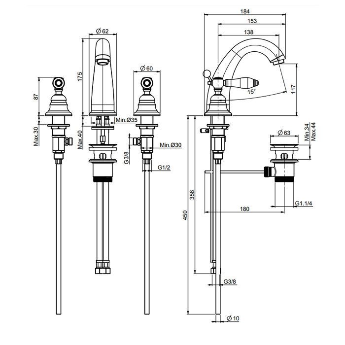 Fima Carlo Frattini Herend Смеситель для раковины, на 3 отв., с донным клапаном, цвет: золото