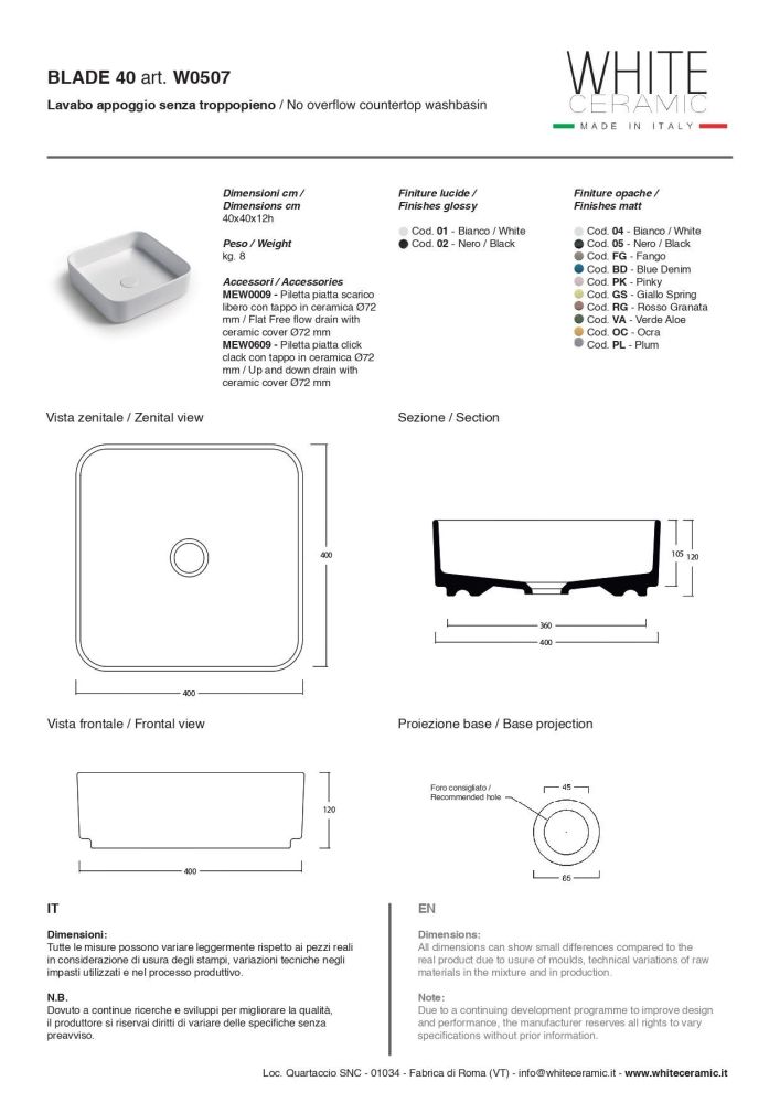 White Ceramic Blade, накладная квадратная раковина 40x40x11,5h см, цвет серый матовый, артикул W0507FM