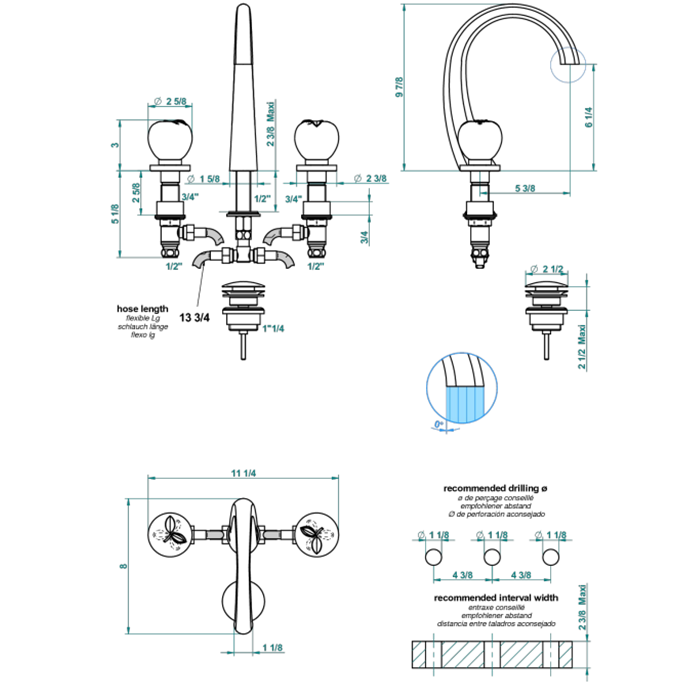 THG POMME CRISTAL LUSTRE OR Смеситель для раковины на 3 отверстия, с донным клапаном, цвет Soft gold
