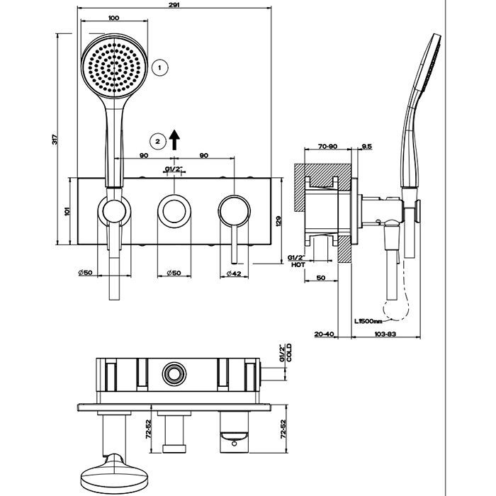 Gessi Emporio Via tortona Внешние части для встр. однорычажного смесителя на 2 позиции с переключателем, подводом воды и держателем лейки, душевойлейк, артикул 44828#031