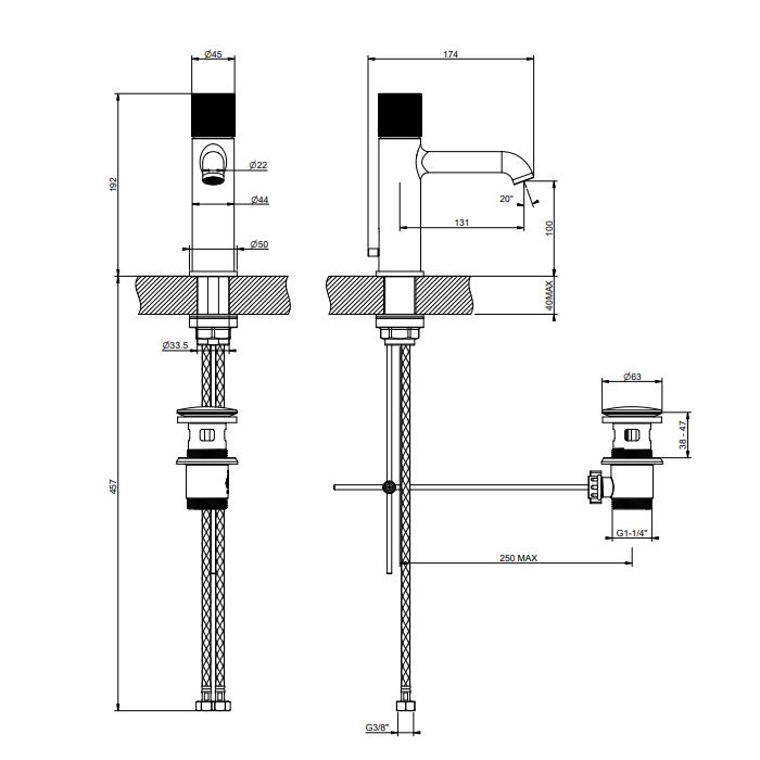 GESSI HABITO DIAMANTATO Смеситель для раковины на 1 отверстие, однорычажный, в комплекте с донным клапаном, цвет Black Metal Br. PVD
