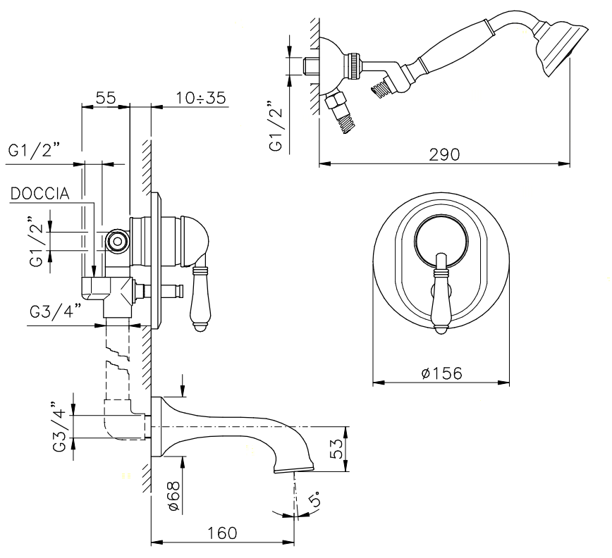 Nicolazzi P.m. Blanc Смеситель для ванны однорычажный, встраиваемый, с изливом 160мм и ручным душем, ручки белая керамика, цвет: тёмная бронза