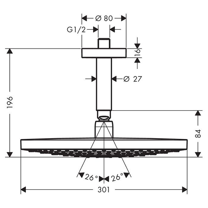 HG Raindance Select S Верхний душ d300мм, 2jet (Rain, RainAir), G1/2, шарнирное соединение, потолочный, цвет: белый/хром HG Raindance Select S Верхний душ d300мм, 2jet (Rain, RainAir), G1/2, шарнирное соединение, потолочный, цвет: белый/хром
