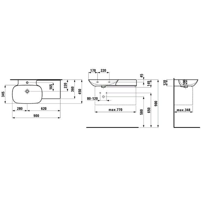 Laufen INO Раковина 900х450х120мм с 1 отв. под смесит, полка справа, цвет: белый