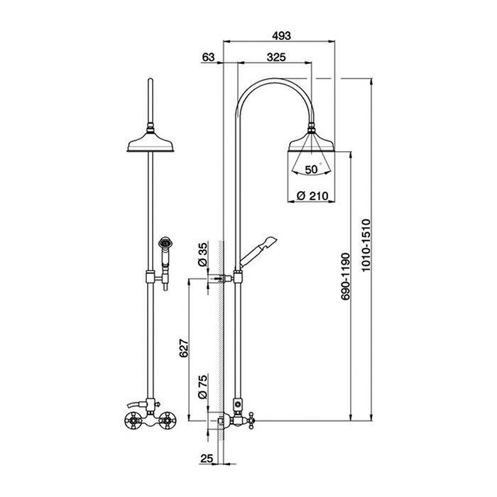 CISAL Arcana Душевой комплект: смеситель, стойка с верхним душем, лейка+шланг, цвет золото