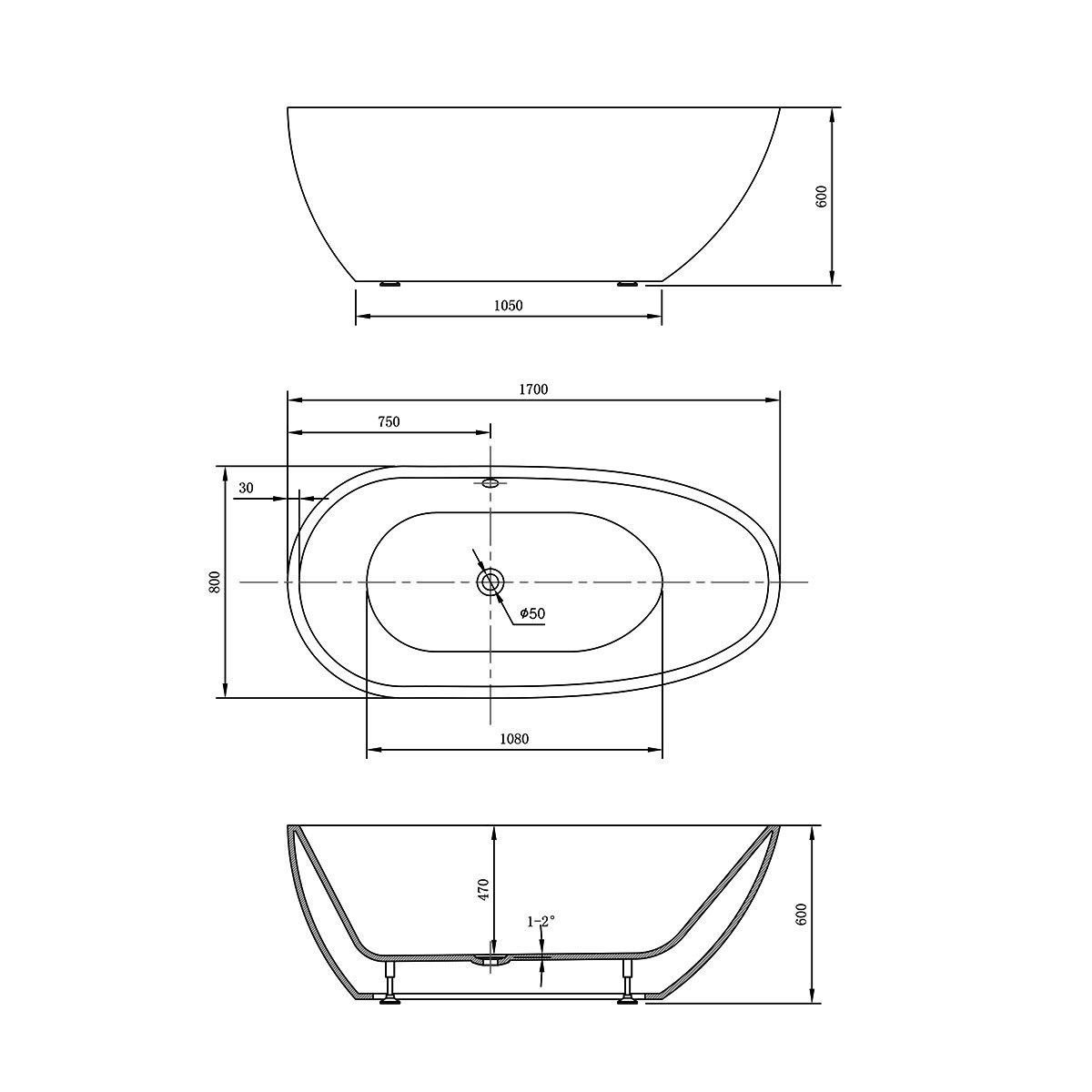 Ванна акриловая Vincea VBT-422-1700, 1700*800*600 цвет белый, слив-перелив в комплекте, хром