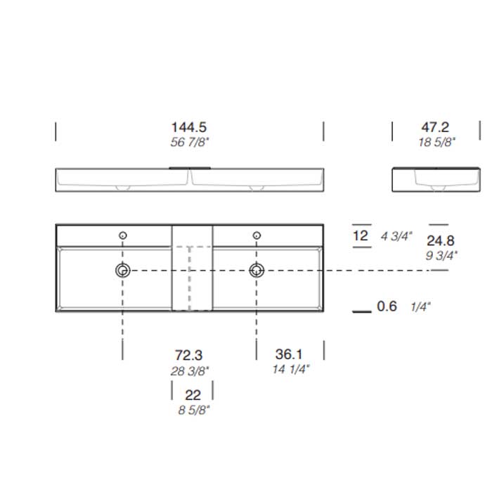 MILLDUE  Раковина  MAN 144 накладная из CRISTALPLANT ,144,5х47,2 см, с 2 отв для смесителя, цвет белый матовый
