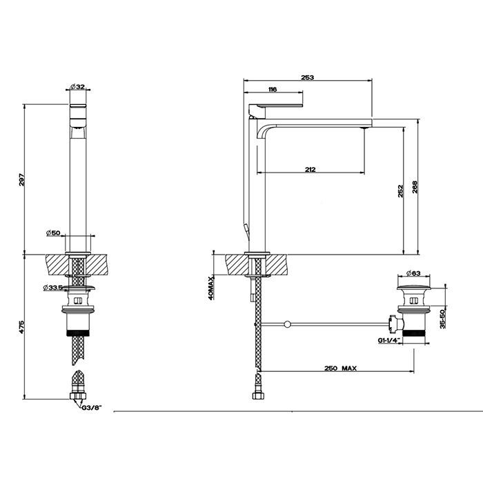 Gessi Emporio Via manzoni Смеситель для раковины высокий с донным клапаном и соединительными шлангами, цвет: Finox Brushed Nickel, артикул 38603#149