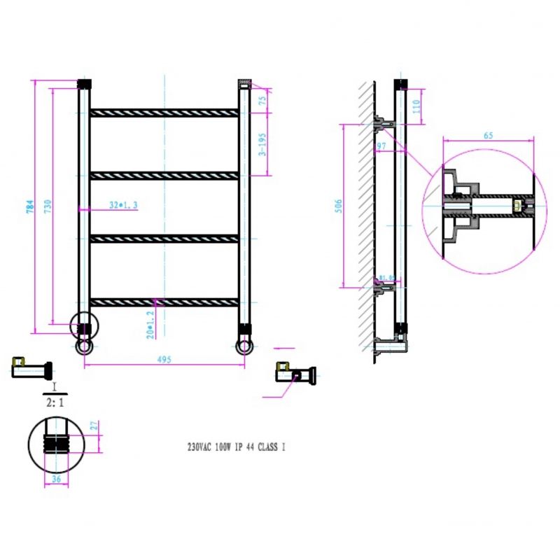 Полотенцесушитель электрический, 100W,  ORO
