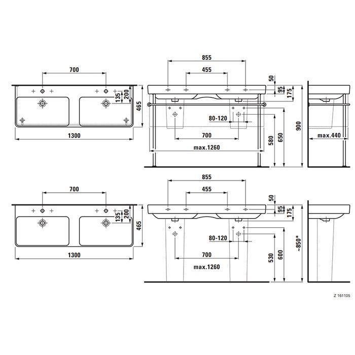 LAUFEN PRO S Раковина двойная 1300x465х175 мм  с  1 отв под смеситель на каждую раковину,  цвет белый глянцевый LAUFEN PRO S Раковина двойная 1300x465х175 мм  с  1 отв под смеситель на каждую раковину,  цвет белый глянцевый