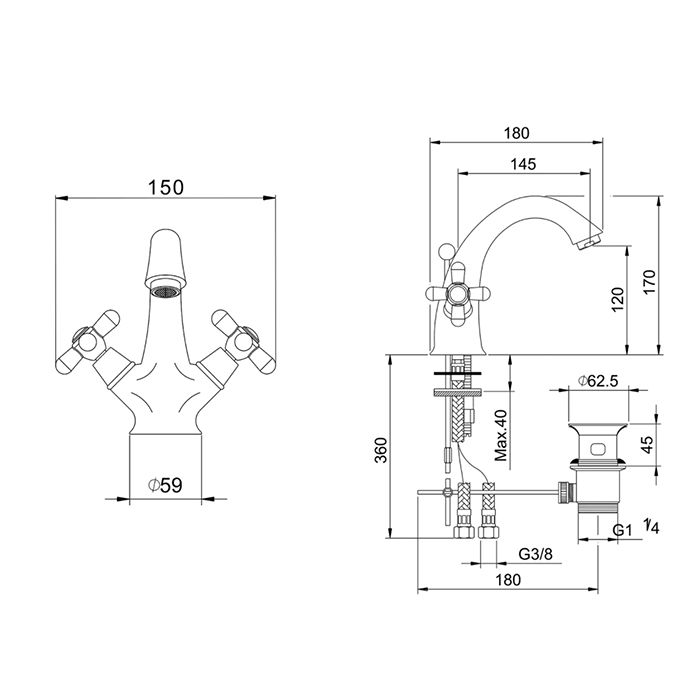 HUBER Croisette Смеситель на раковину на 1 отв, двухвентильный , c донным клапаном, цвет хром ЦЕНа с нашего склада)