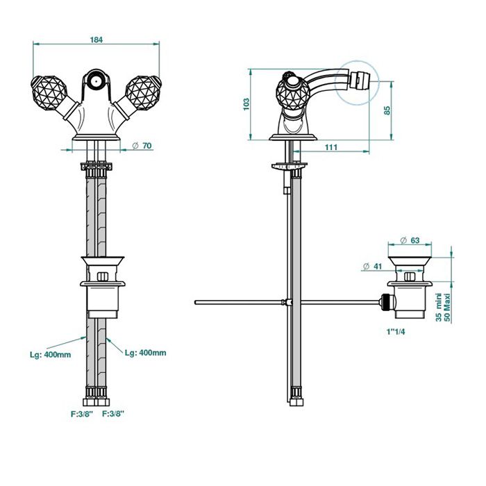 THG MANDARINE CRISTALLIA DIAMANT Смеситель для биде на 1 отверстие, с донным клапаном, цвет полированное золото