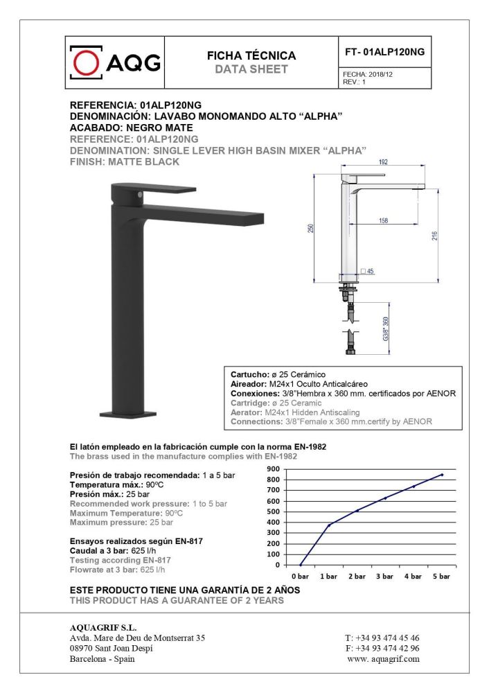 AQG Alpha, высокий однорычажный смеситель для раковины без донного клапана, цвет черный матовый, артикул 01ALP120NG