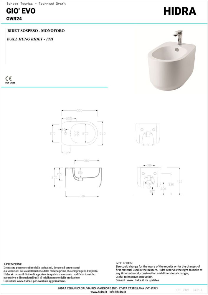 Hidra Gio, подвесное биде c крепежом, 55x36,5x29,5h см, цвет черный матовый, артикул GW24/026