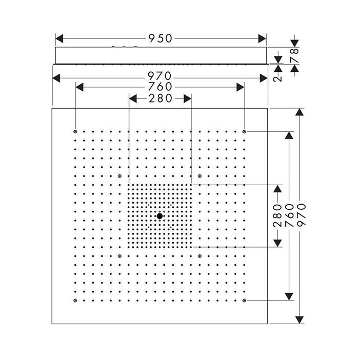 AX ShowerHeaven Верхний душ 970 x 970 мм, потолочный монтаж, без подсветки, ¾, цвет: нерж.сталь