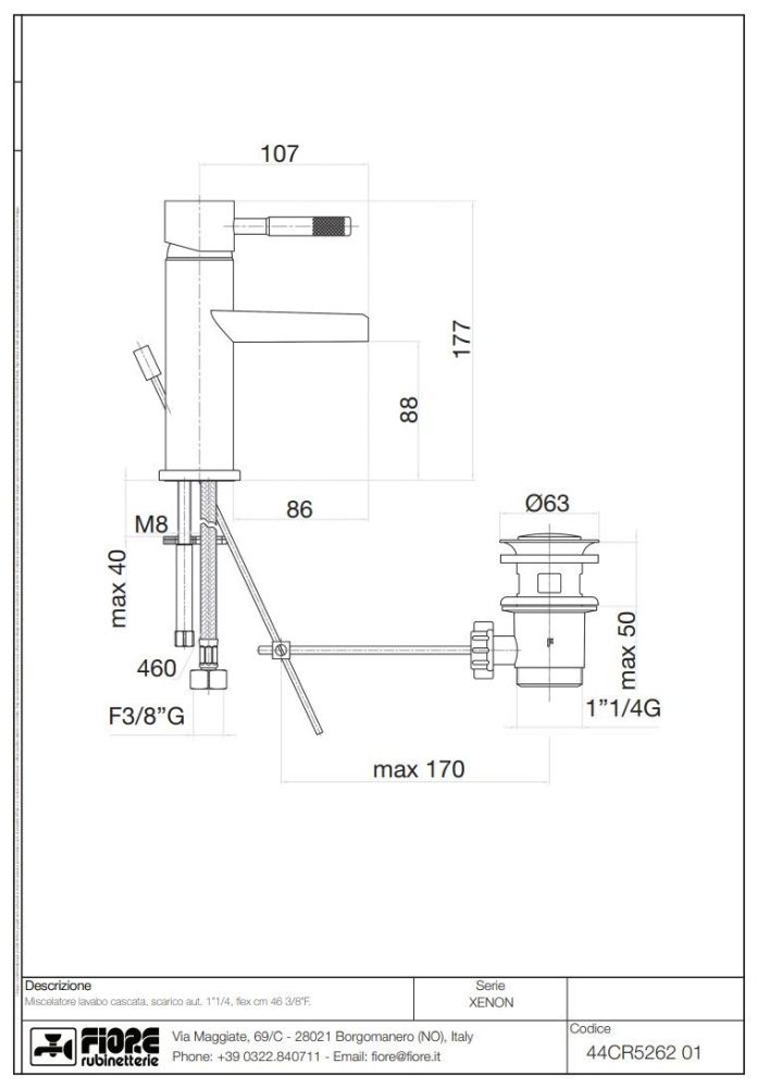 Fiore Xenon, однорычажный смеситель для раковины с каскадным изливом и донным клапаном, излив 107мм, цвет хром