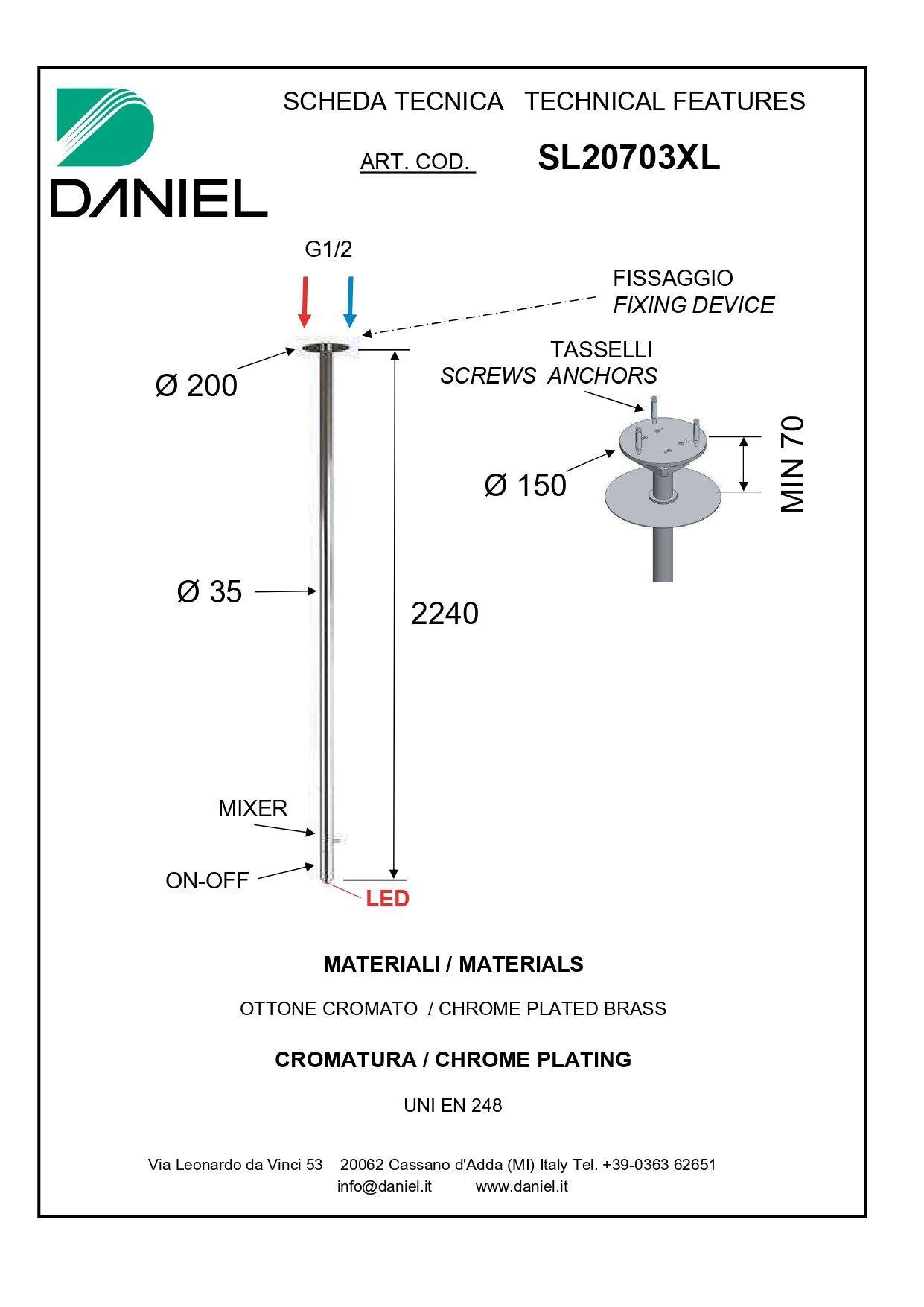 Daniel Suvi, потолочный смеситель для раковины, с подстветкой, длина 231 см, со встроенным в носик смесителем и регулятором расхода, цвет хром
