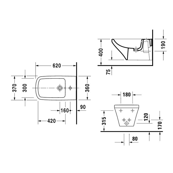 Duravit DuraStyle Биде  подвесное 620х370 мм, с 1 отв под смеситель.  с креплением,  цвет белый c WonderGliss