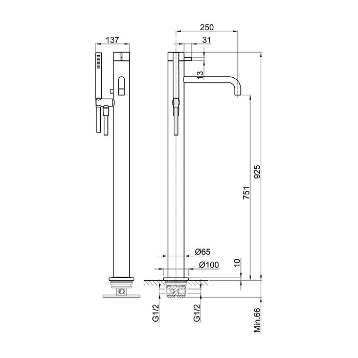 Fantini AF/21 Смеситель для ванны, напольный, с ручн душем, излив 250мм, (наружняя часть), цвет: Matt Gun Metal PVD