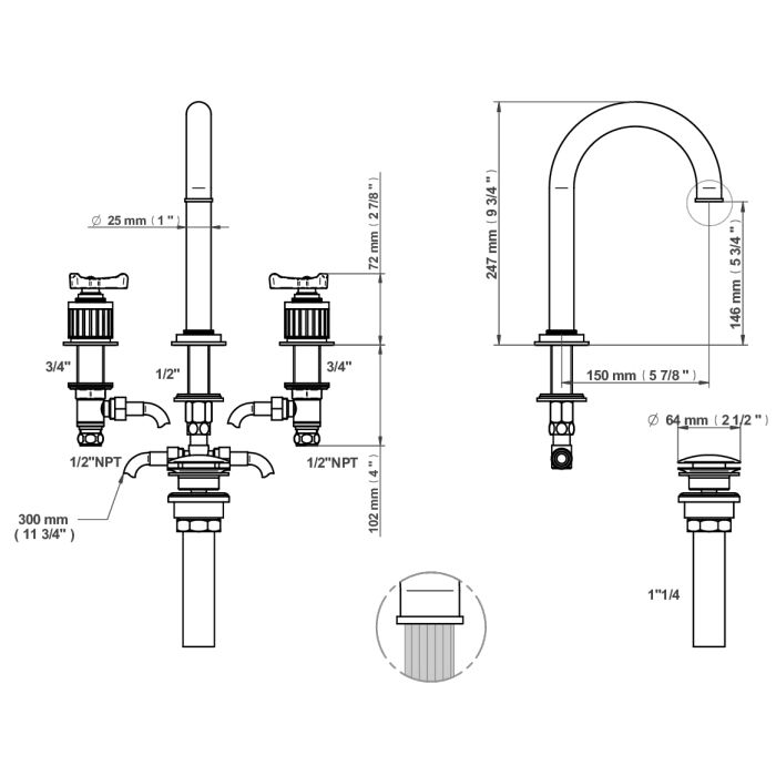 THG HAMPTONS Смеситель для раковины на 3 отверстия, в комплекте с донным клапаном, цвет золото