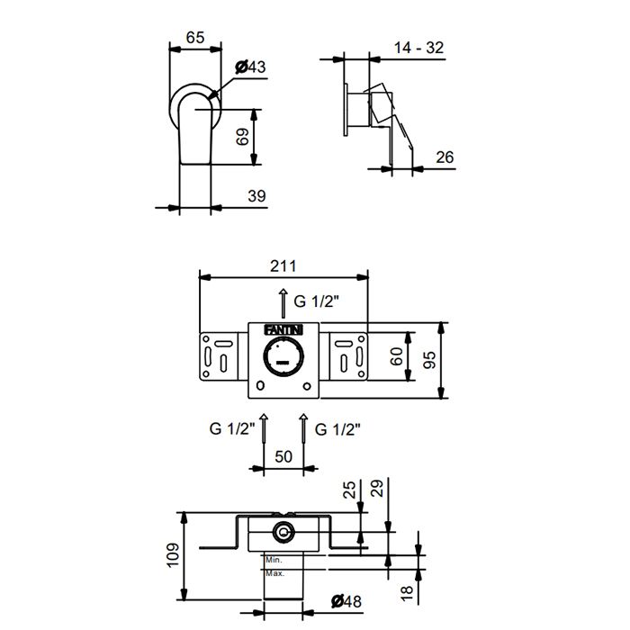 Смеситель для душа, Fantini, Myo, тип открывания воды-однорычажный, монтаж-настенный встраиваемый, отверстия для монтажа-1, внутренняя часть-необходимо заказать, цвет-черный матовый (Nero Opaco, Matt Black), в комплекте-ручки, впуски 1/2''