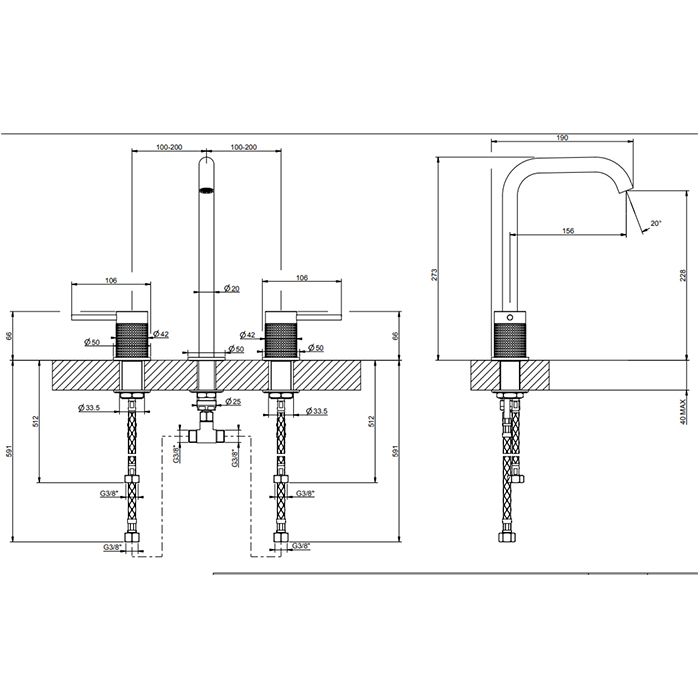 GESSI 316 Смеситель для раковины на 3 отверстия, без донного клапана, излив 156мм, h=269мм, цвет: brushed black metal pvd GESSI 316 Смеситель для раковины на 3 отверстия, без донного клапана, излив 156мм, h=269мм, цвет: brushed black metal pvd