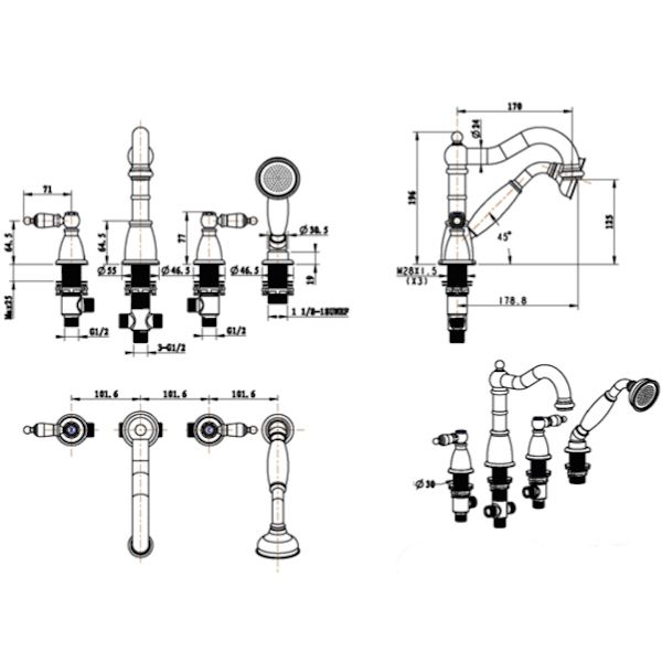 Смеситель врезной на 4 отв.,  Camelia хром_Комплект, артикул 396-Camelia