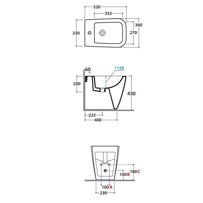 GLOBO Stone Биде напольное пристенное 52*36см, c 1 отв.под смеситель, системой скрытого крепежа, цвет белый