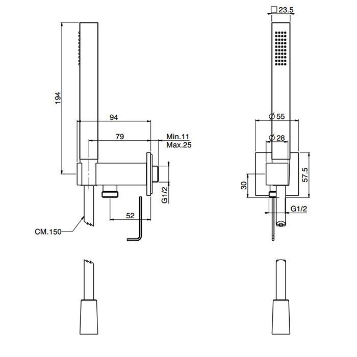 Fima Carlo Frattini Set doccia Душевой гарнитур, настенный держатель, с ручным душем и шлангом 150см., цвет: чёрный матовый