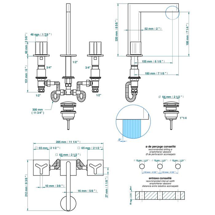 THG ICON-X METAL Смеситель для раковины на 3 отверстия, с донным клапаном, цвет полированное золото