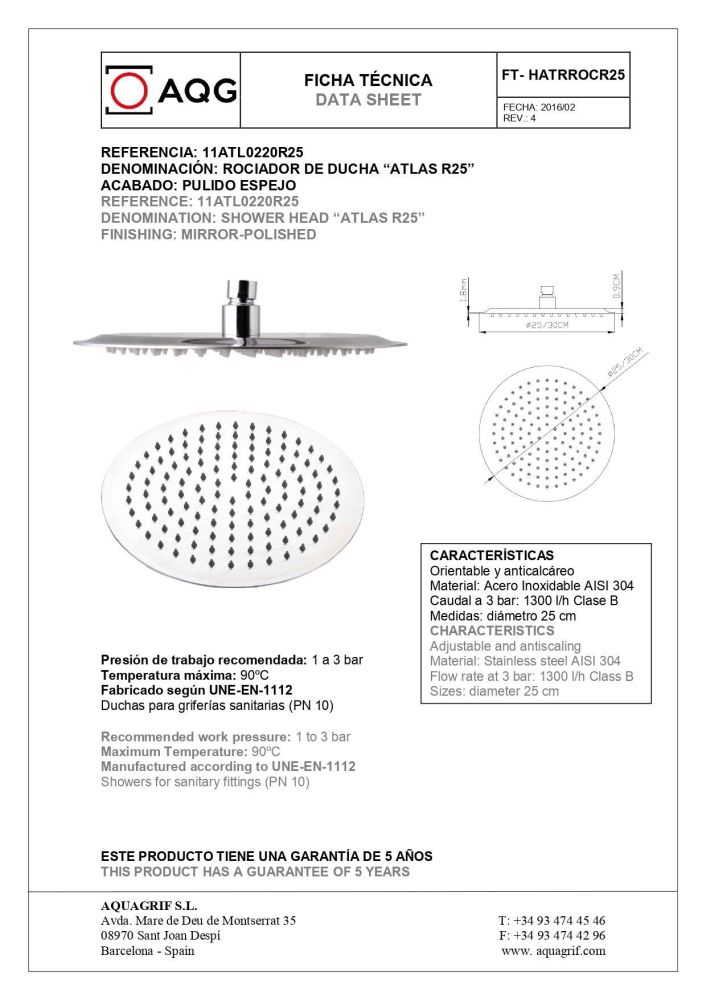AQG, душевая круглая ультраплоская антикальковая головка ATLAS Ø25 см, цвет хром