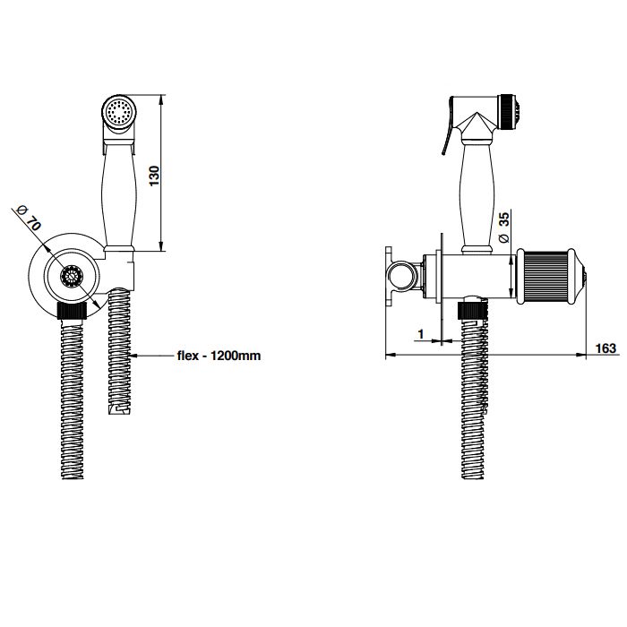 BONGIO Смеситель прогрессивный, с гигиенич. душем, держателем, подводом воды и шлангом 1200 мм., в комплекте со встроенной частью, цвет хром