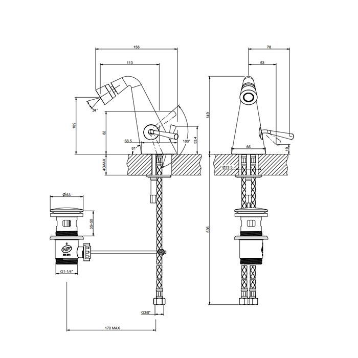 Gessi Cono Смеситель для  биде с донным клапаном на 1 1/4”, соединительные шланги на 3/8, цвет Black XL