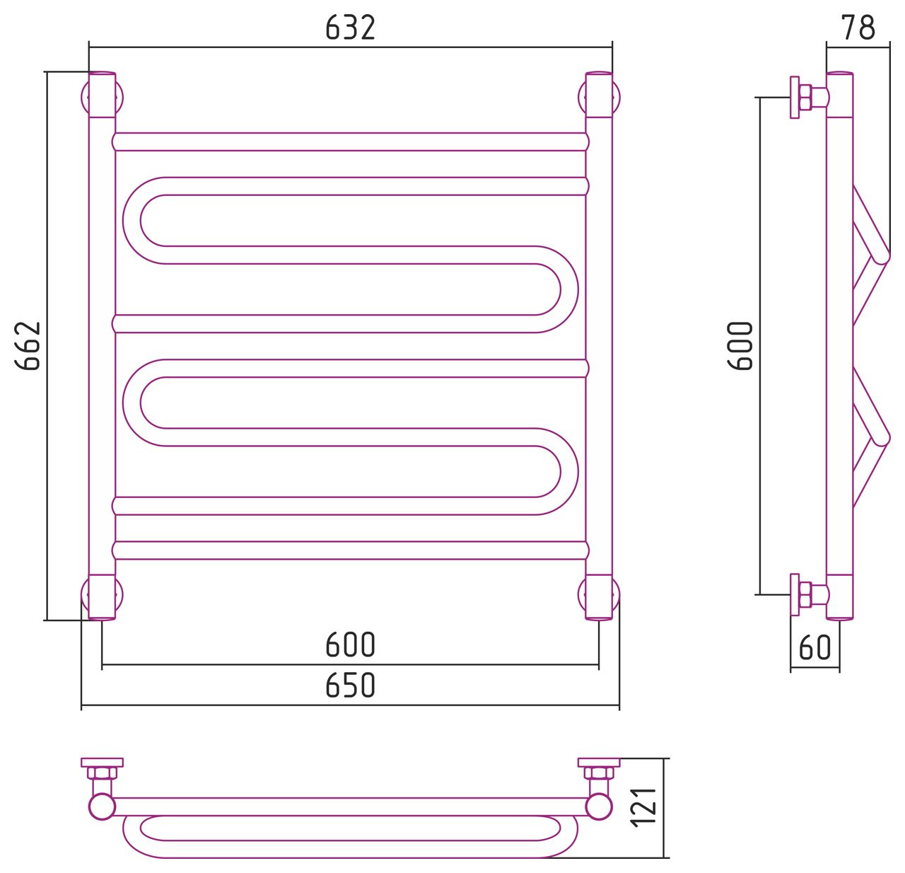 Полотенцесушитель водяной "ЭЛЕГИЯ+" 600х600 (Матовый черный) Полотенцесушитель водяной "ЭЛЕГИЯ+" 600х600 (Матовый черный)