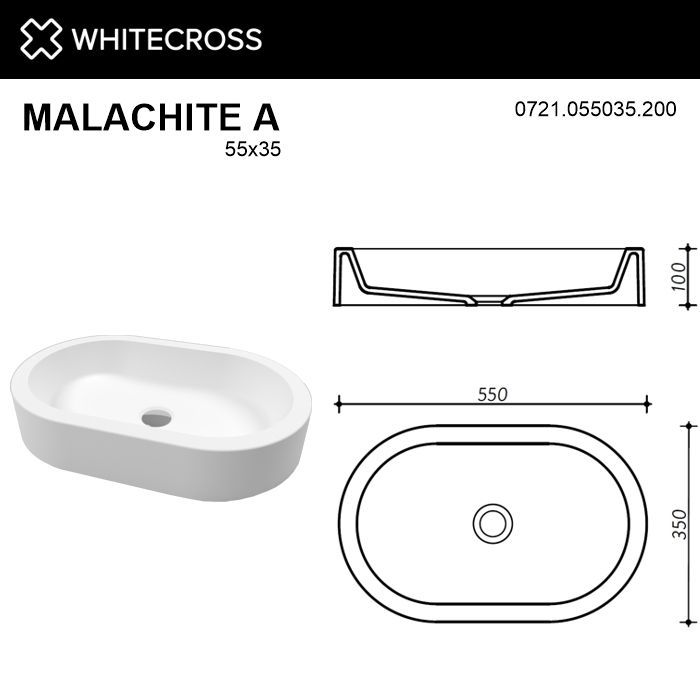 Умывальник WHITECROSS Malachite A 55x35 (белый мат) иск. камень