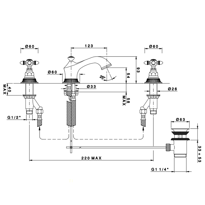 Nicolazzi Impero Смеситель для раковиныс автоматическим изливом на 3 отверстия с донным клапаном, цвет: хром