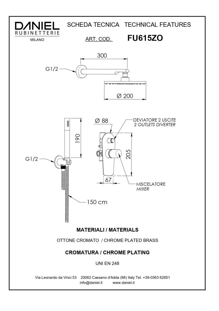 Daniel Fusion, душевой комплект на 2 потребителя, с кронштейном 30 см и круглым верхним душем 20 см, цвет графит, артикул FU615ZO-GO