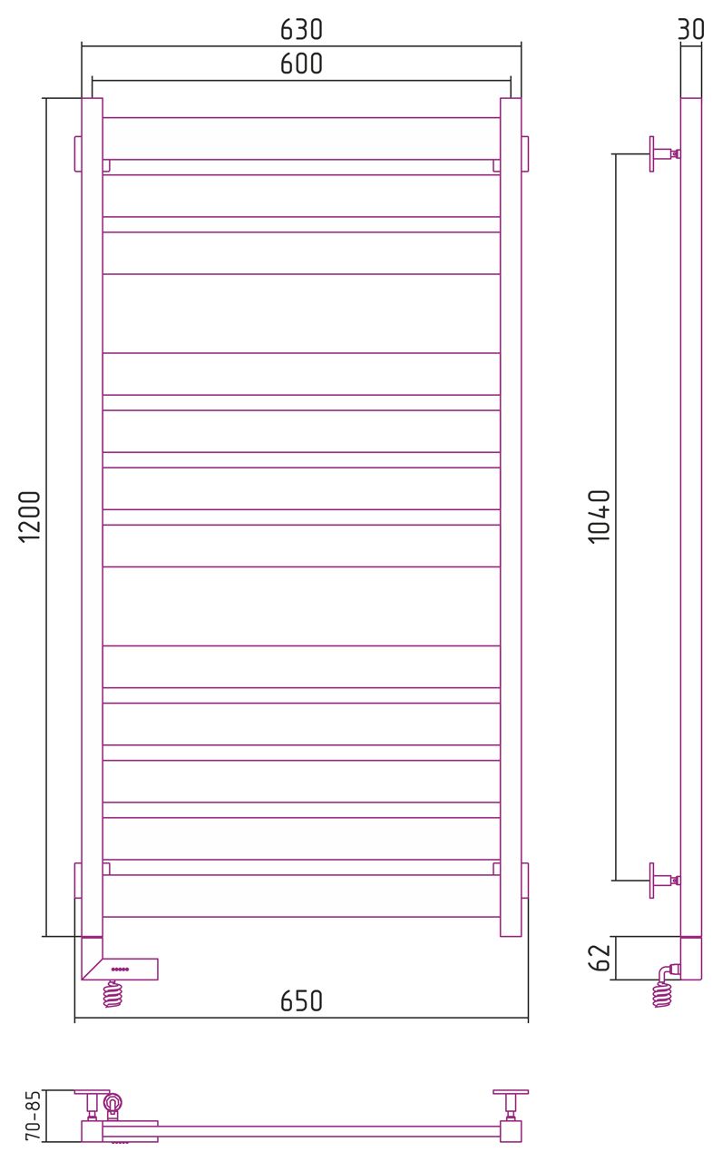 Полотенцесушитель электрический "ЦЕНТУРИОН 2.0" 1200х600 / МЭМ левый (Матовый ЧЁРНЫЙ)