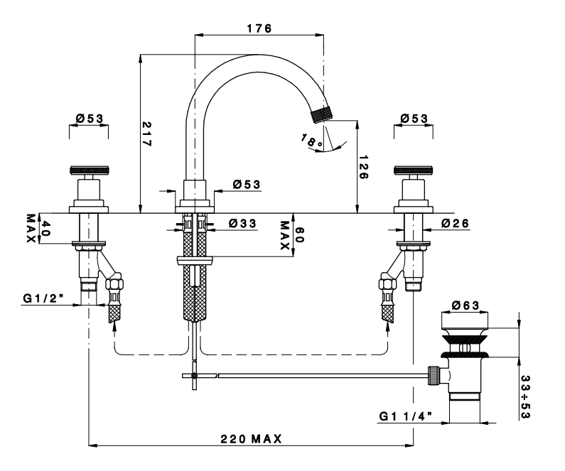 Nicolazzi Arena Смеситель для раковины с автоматическим сливом на 3 отверствия, излив: 176 мм, цвет: хром