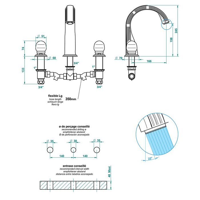 THG SUN DRAGON Смеситель на борт ванны, на 3 отверстия, без ручного душа, цвет полированное золото