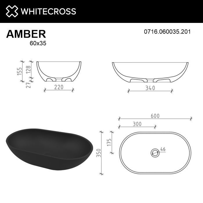 Умывальник WHITECROSS Amber 60x35 (черный мат) иск. камень