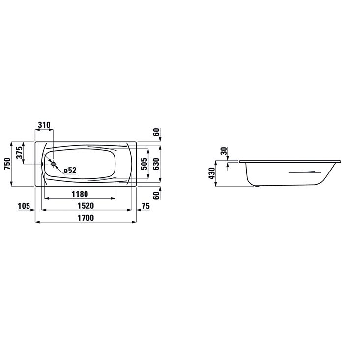 Ванна, Laufen, Palladium, ширина, мм-1700, глубина, мм-750, тип установки-встраиваемый/пристенный, форма-прямоугольная, материал-эмалированная сталь (3,5 мм), шумоизоляционное покрытие, с отверстиями для ручек, цвет-белый