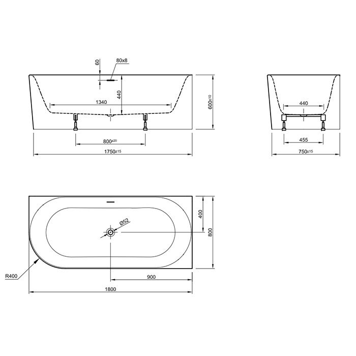 KNIEF Fresh Left Ванна пристенная, угол справа, 180х80х60см, с щелевым переливом, без слив-пер., цвет белый